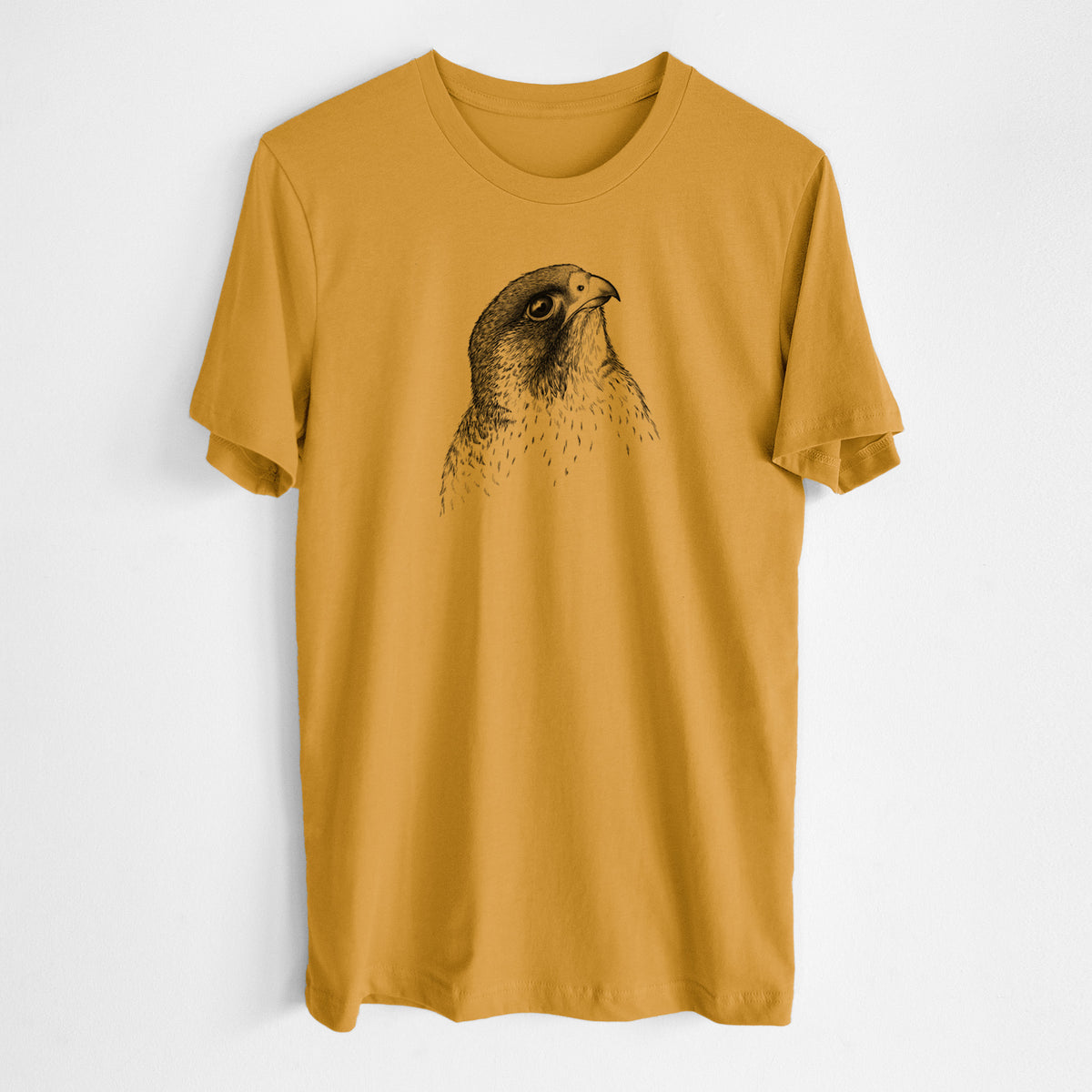 Honeycomb yellow lightweight cotton t-shirt laid flat, printed with a detailed black ink portrait of a peregrine falcon's head.