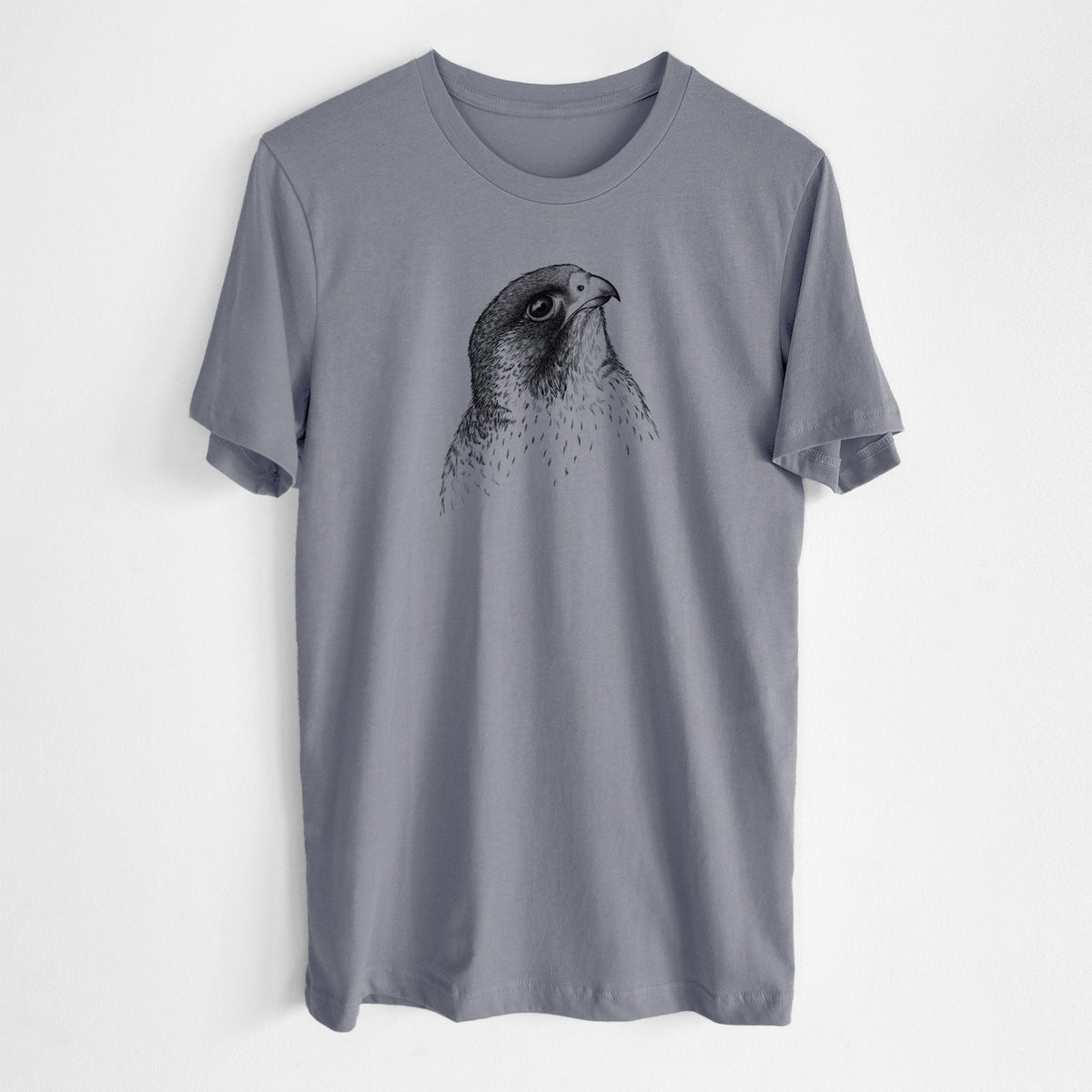 Storm grey lightweight cotton t-shirt laid flat, printed with a detailed black ink portrait of a peregrine falcon's head.