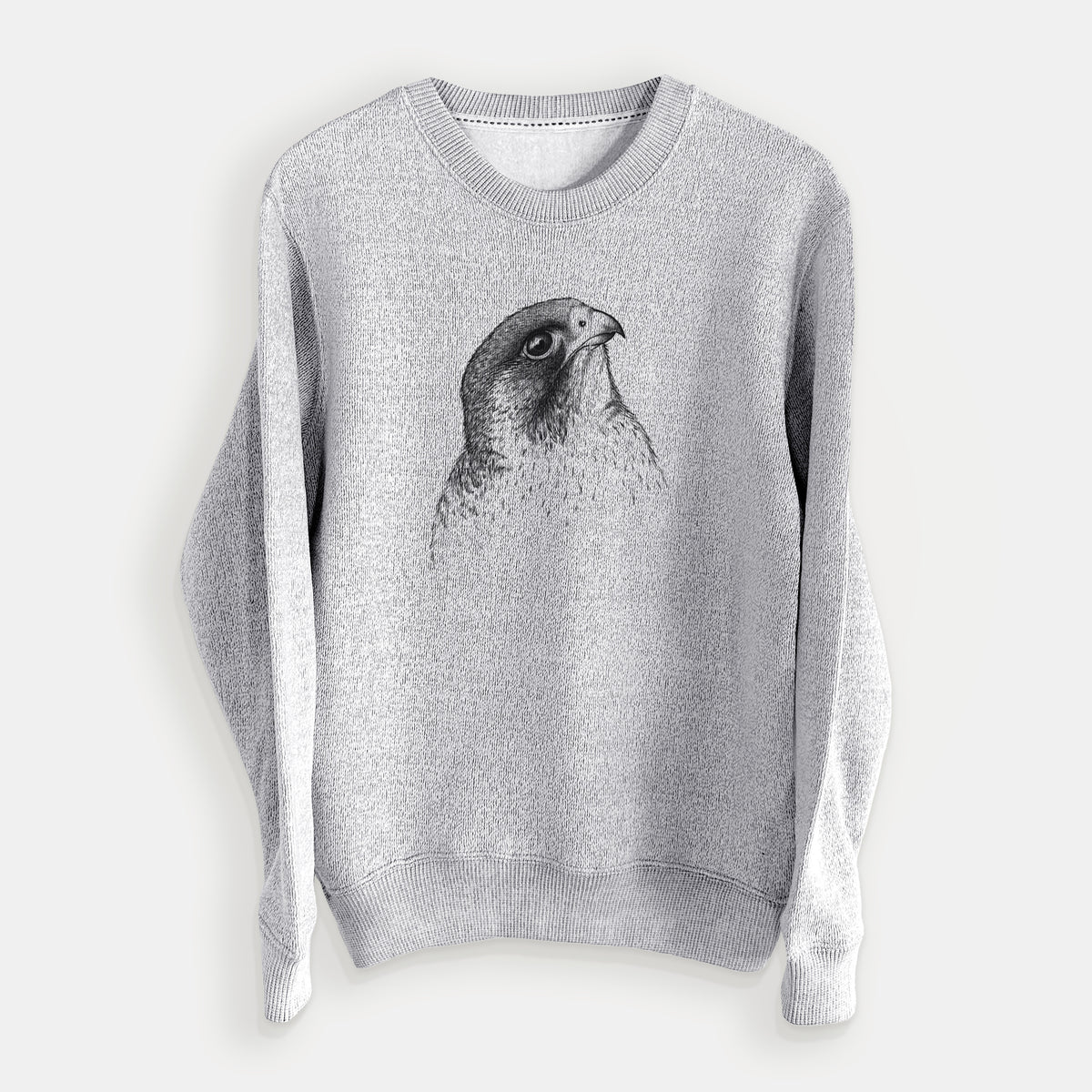 Salt and pepper knit sweatshirt laid flat, printed with a detailed black ink portrait of a peregrine falcon's head.