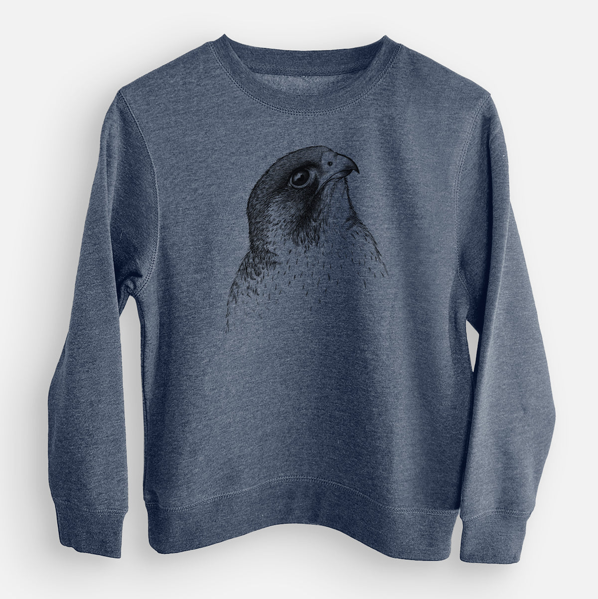 Storm blue youth crewneck sweatshirt laid flat, printed with a detailed black ink portrait of a peregrine falcon's head.