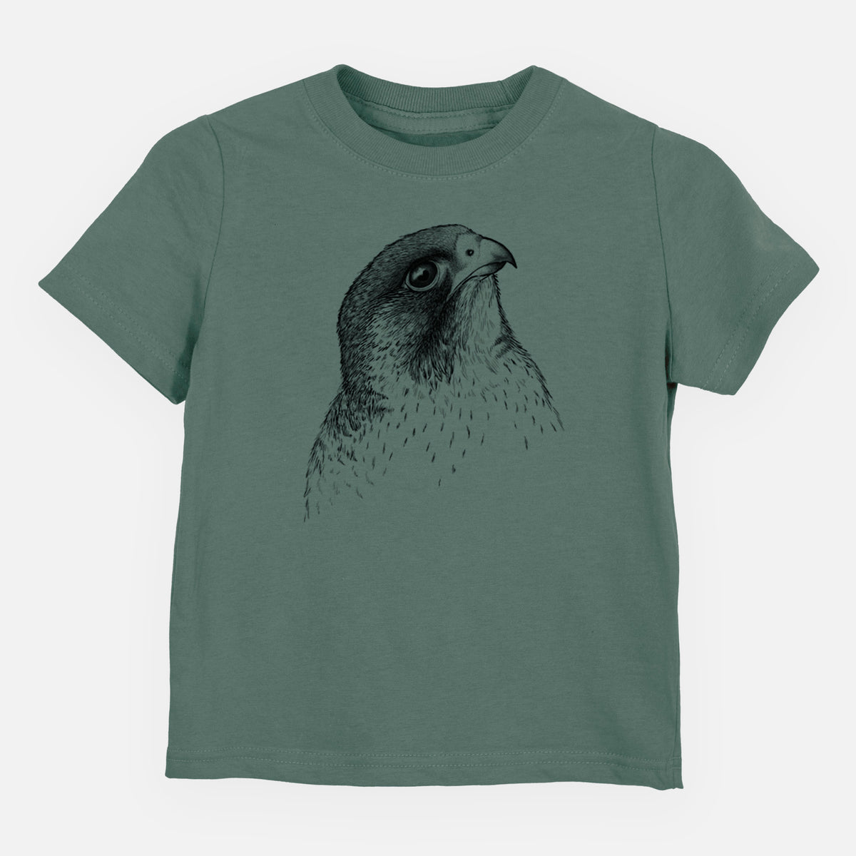 Basil green toddler t-shirt laid flat, printed with a detailed black ink portrait of a peregrine falcon's head.