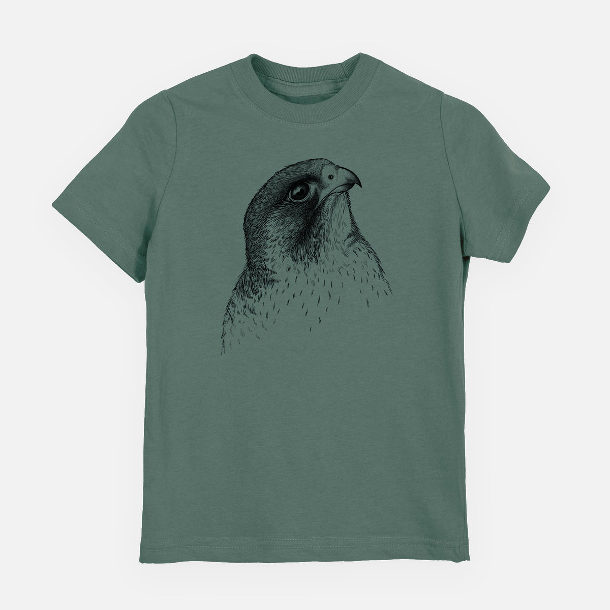 Basil green youth t-shirt laid flat, printed with a detailed black ink portrait of a peregrine falcon's head.