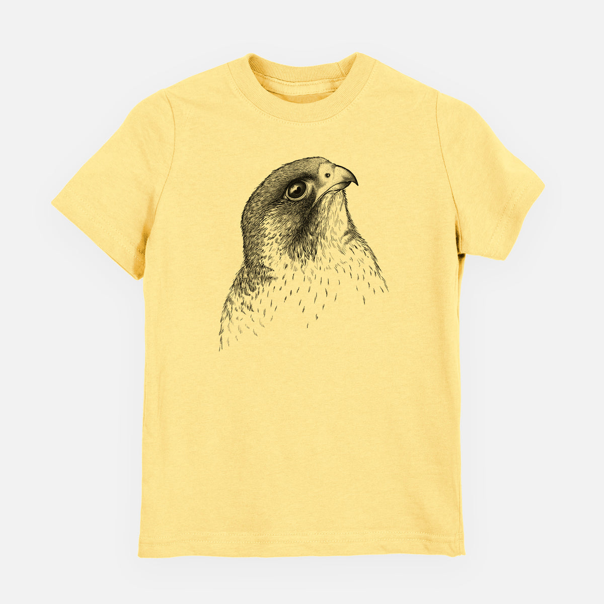 Butter yellow youth t-shirt laid flat, printed with a detailed black ink portrait of a peregrine falcon's head.