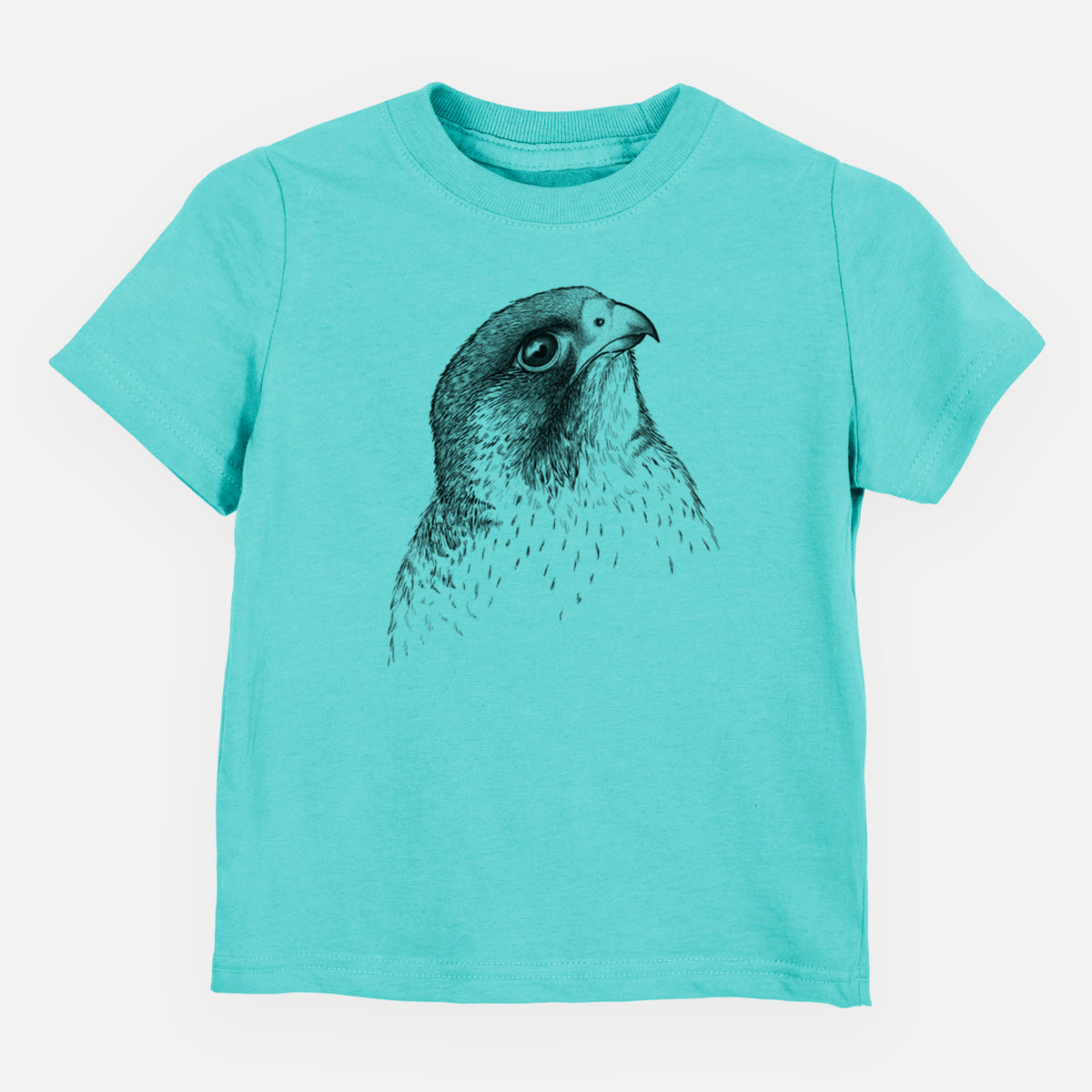 Caribbean blue toddler t-shirt laid flat, printed with a detailed black ink portrait of a peregrine falcon's head.