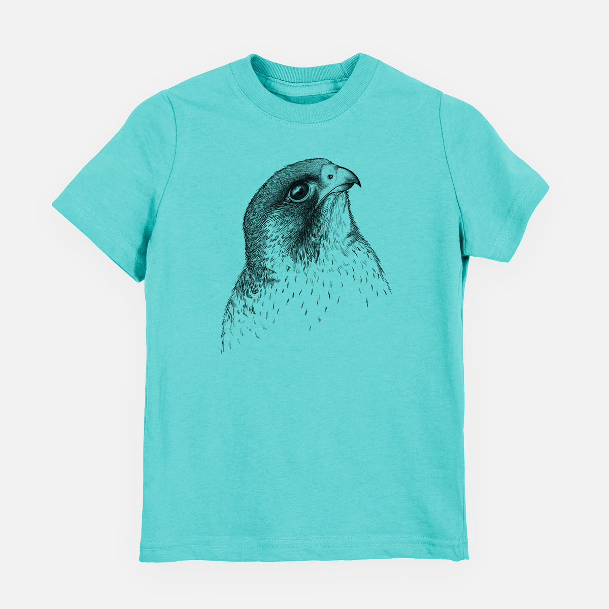 Caribbean blue youth t-shirt laid flat, printed with a detailed black ink portrait of a peregrine falcon's head.