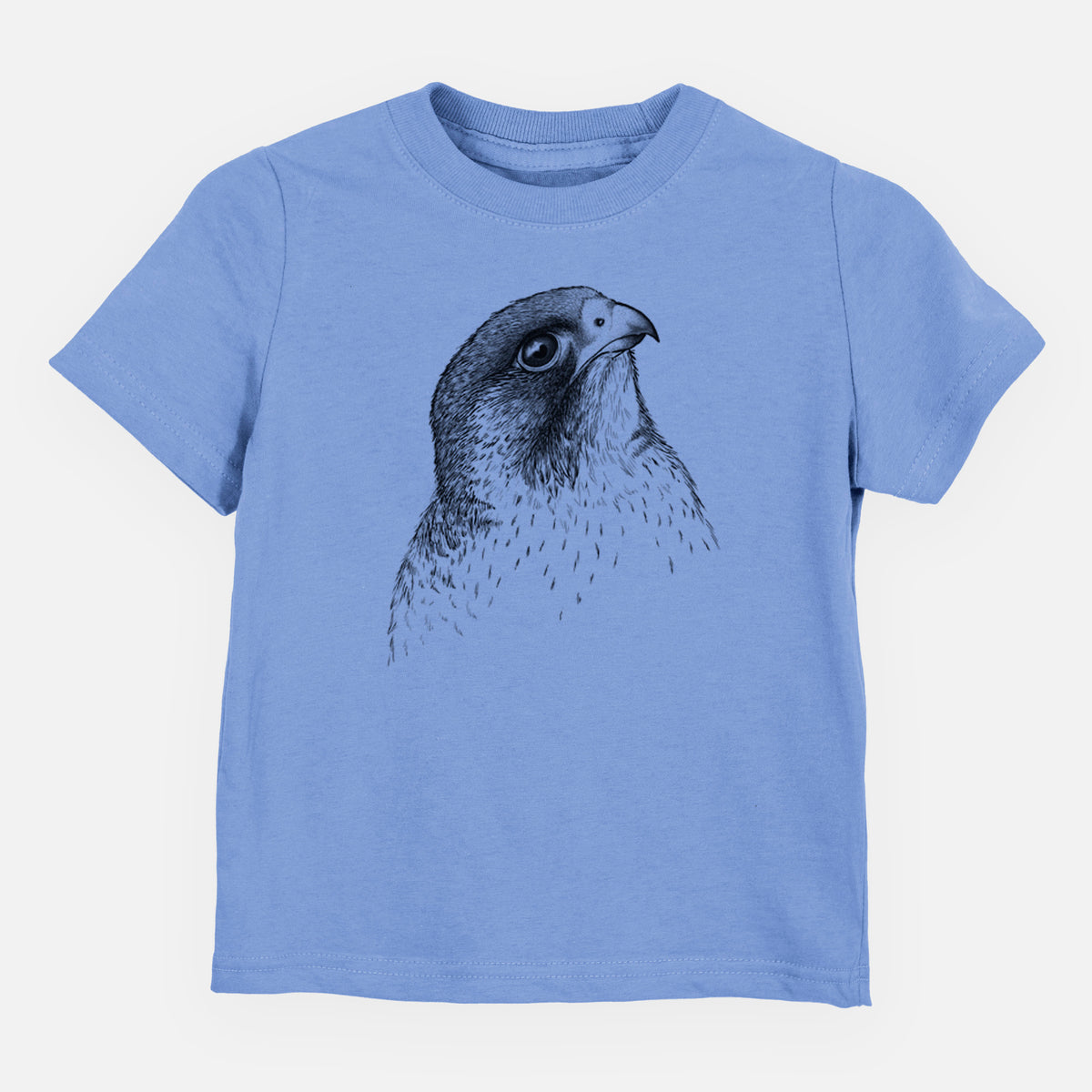 Carolina blue toddler t-shirt laid flat, printed with a detailed black ink portrait of a peregrine falcon's head.