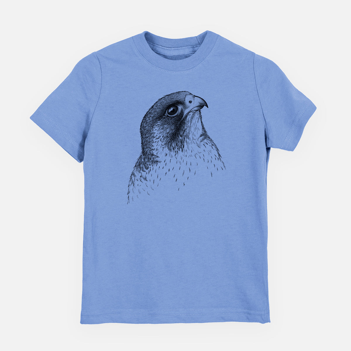 Carolina blue youth t-shirt laid flat, printed with a detailed black ink portrait of a peregrine falcon's head.
