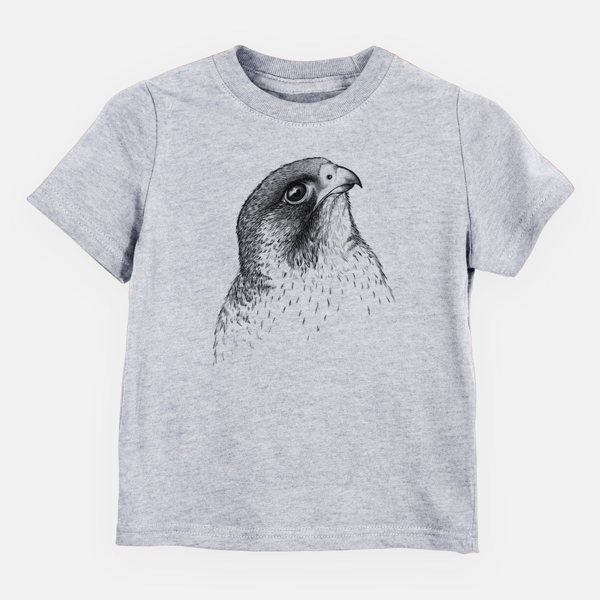 Heather grey toddler t-shirt laid flat, printed with a detailed black ink portrait of a peregrine falcon's head.