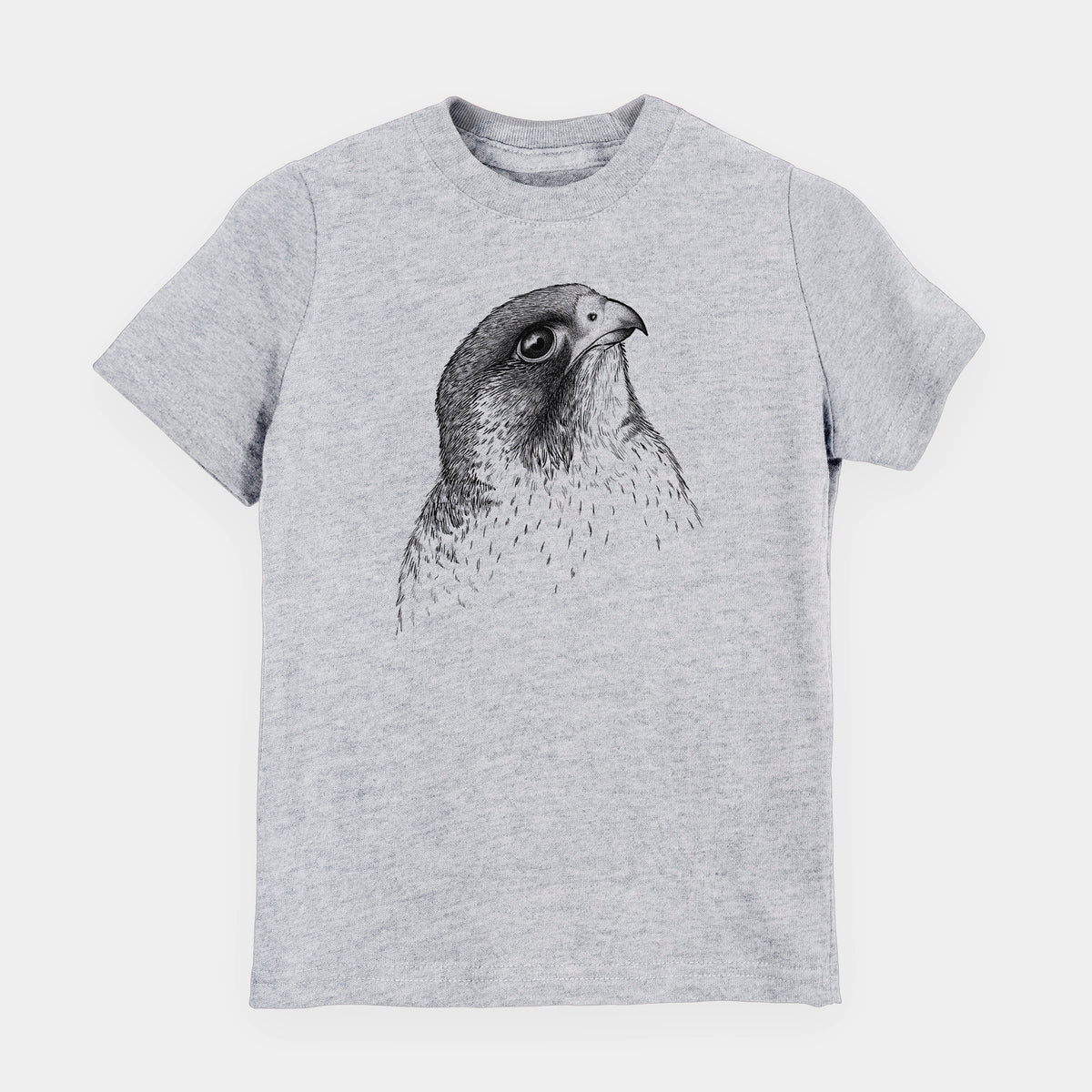 Heather grey youth t-shirt laid flat, printed with a detailed black ink portrait of a peregrine falcon's head.
