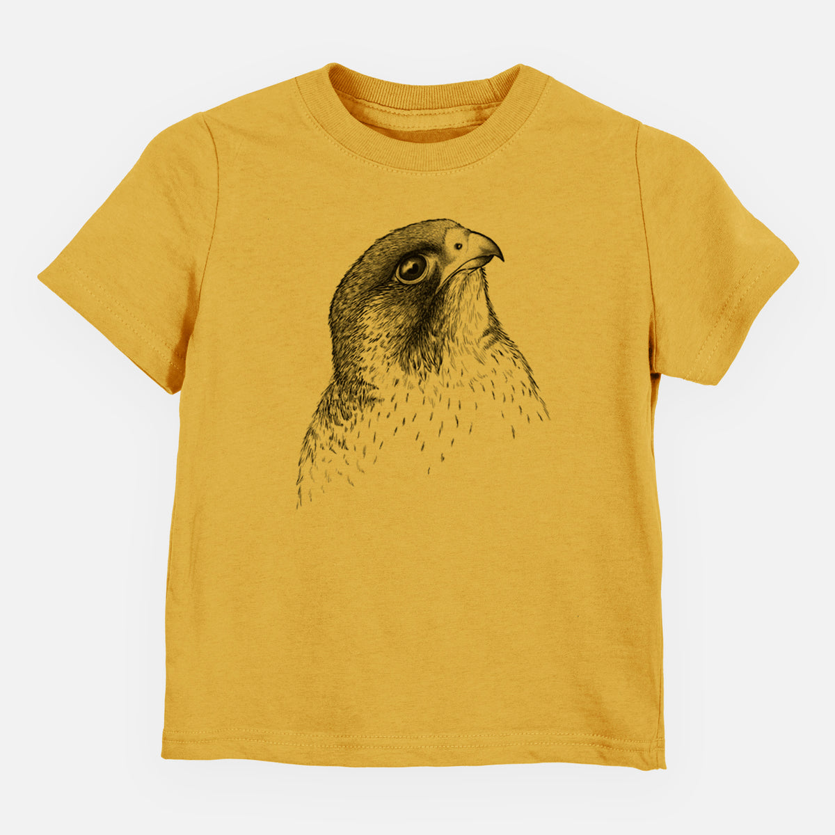 Honeycomb yellow toddler t-shirt laid flat, printed with a detailed black ink portrait of a peregrine falcon's head.