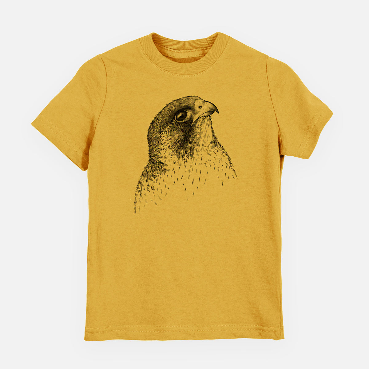 Honeycomb yellow youth t-shirt laid flat, printed with a detailed black ink portrait of a peregrine falcon's head.
