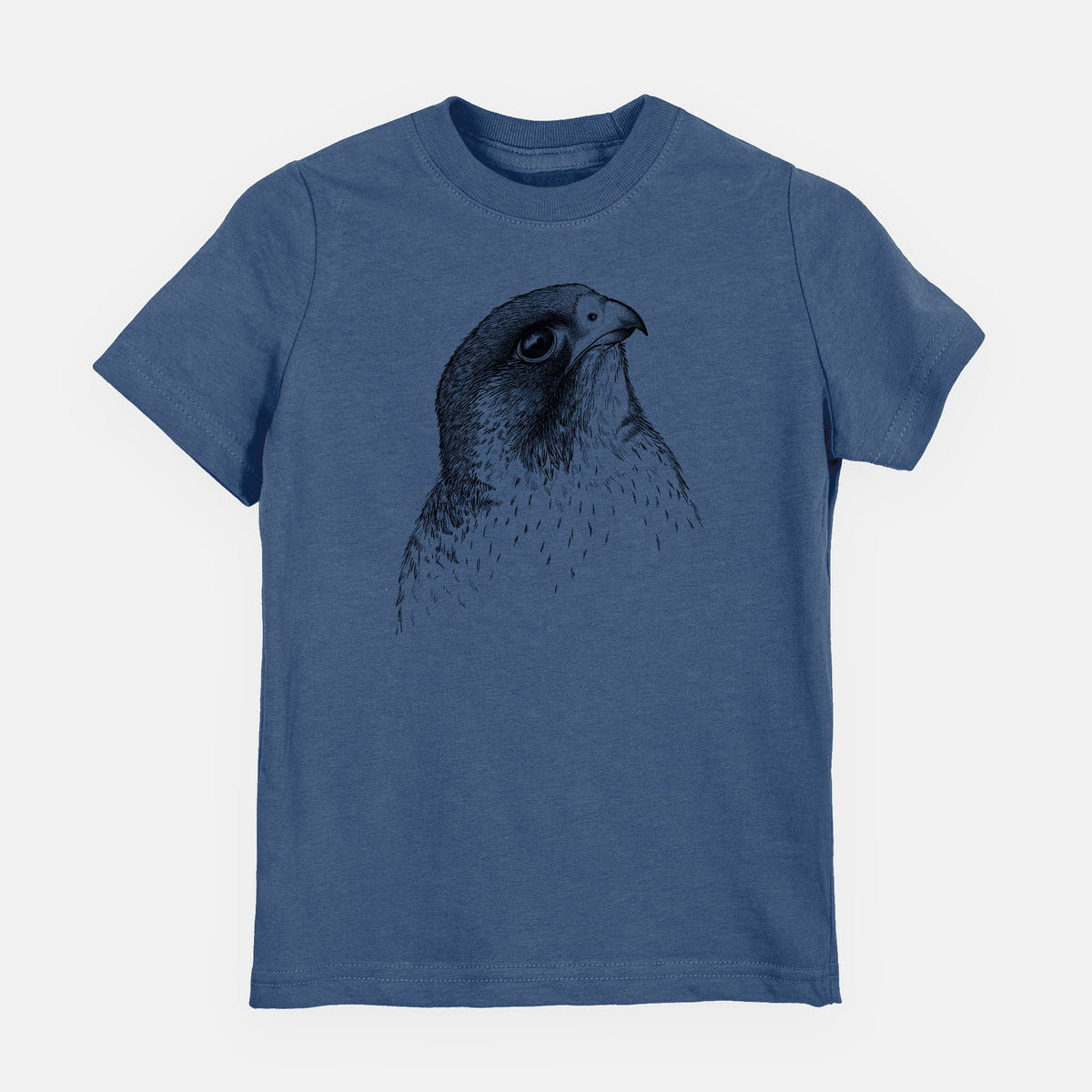 Indigo blue youth t-shirt laid flat, printed with a detailed black ink portrait of a peregrine falcon's head.