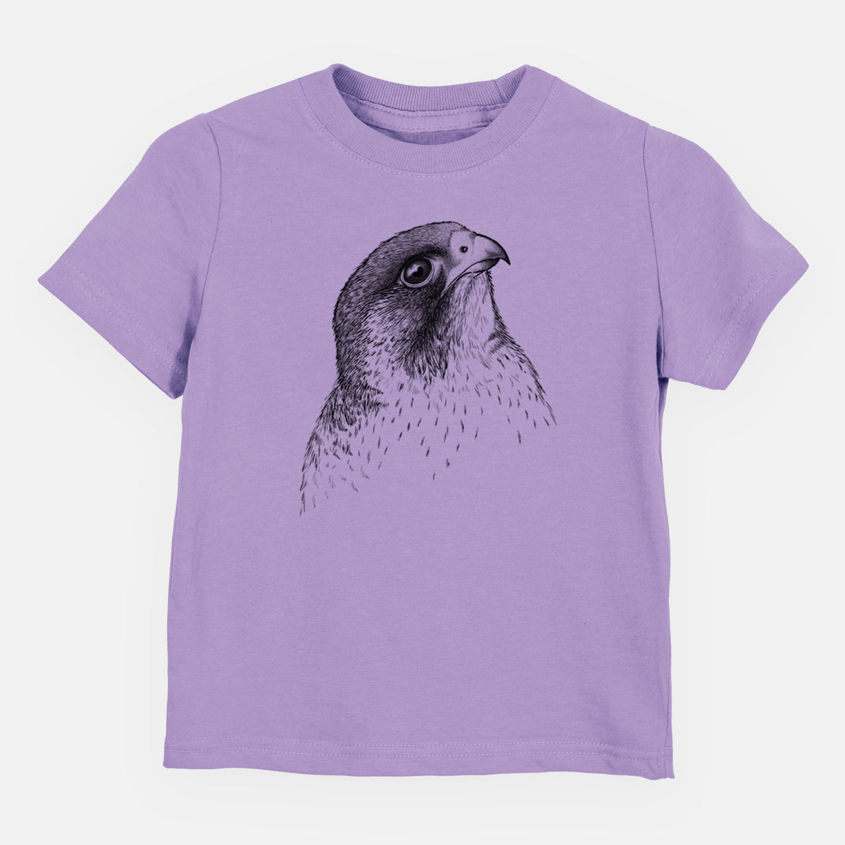 Lavender toddler t-shirt laid flat, printed with a detailed black ink portrait of a peregrine falcon's head.