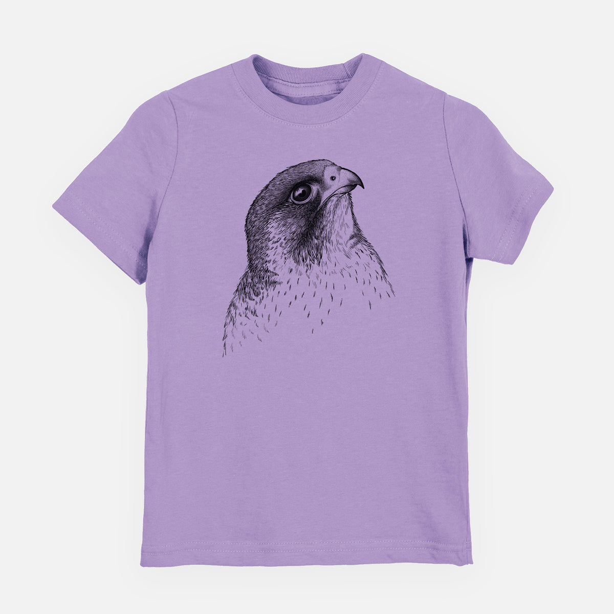 Lavender youth t-shirt laid flat, printed with a detailed black ink portrait of a peregrine falcon's head.