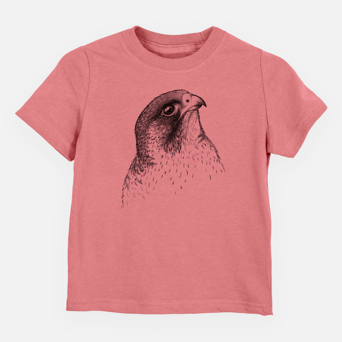 Mauve pink toddler t-shirt laid flat, printed with a detailed black ink portrait of a peregrine falcon's head.