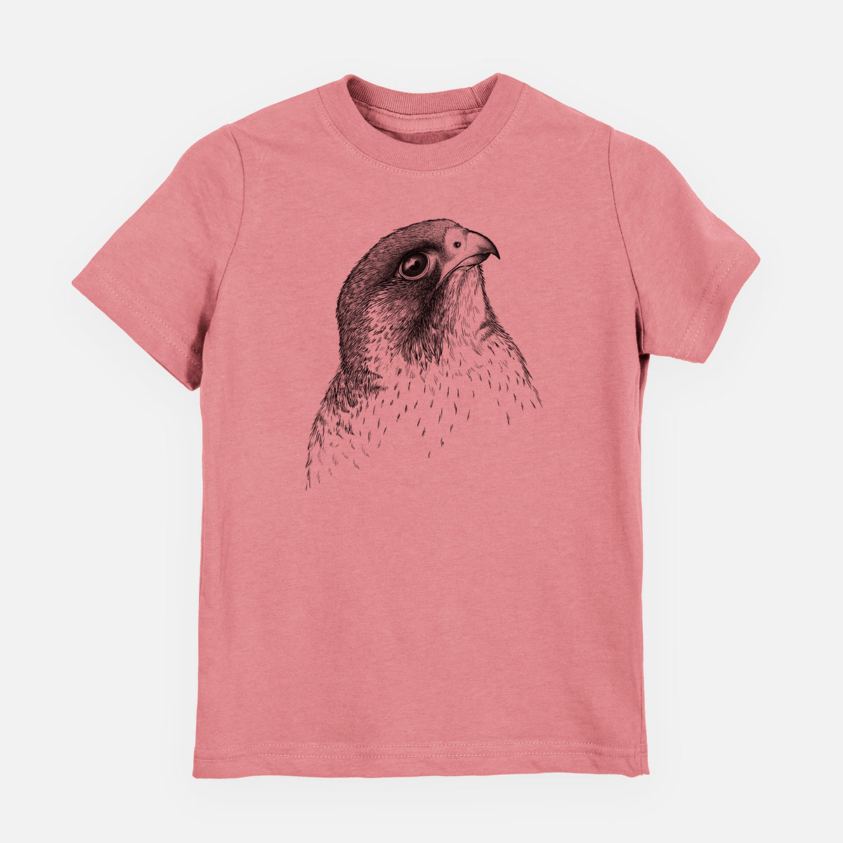 Mauve pink youth t-shirt laid flat, printed with a detailed black ink portrait of a peregrine falcon's head.