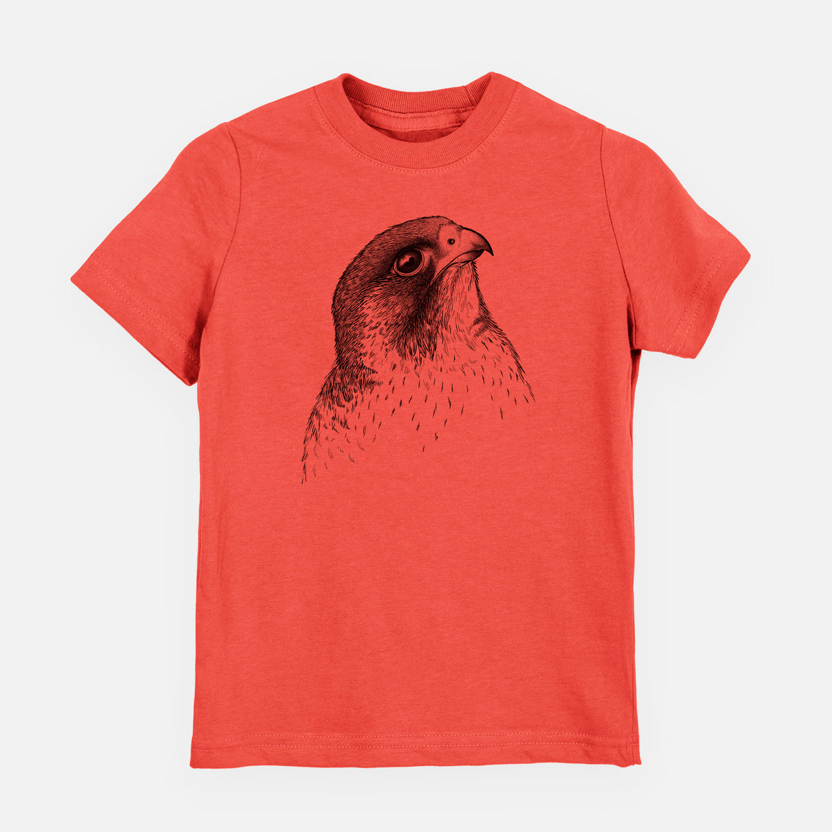 Passionfruit pink youth t-shirt laid flat, printed with a detailed black ink portrait of a peregrine falcon's head.