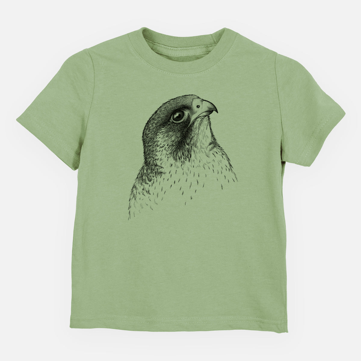 Sage green toddler t-shirt laid flat, printed with a detailed black ink portrait of a peregrine falcon's head.