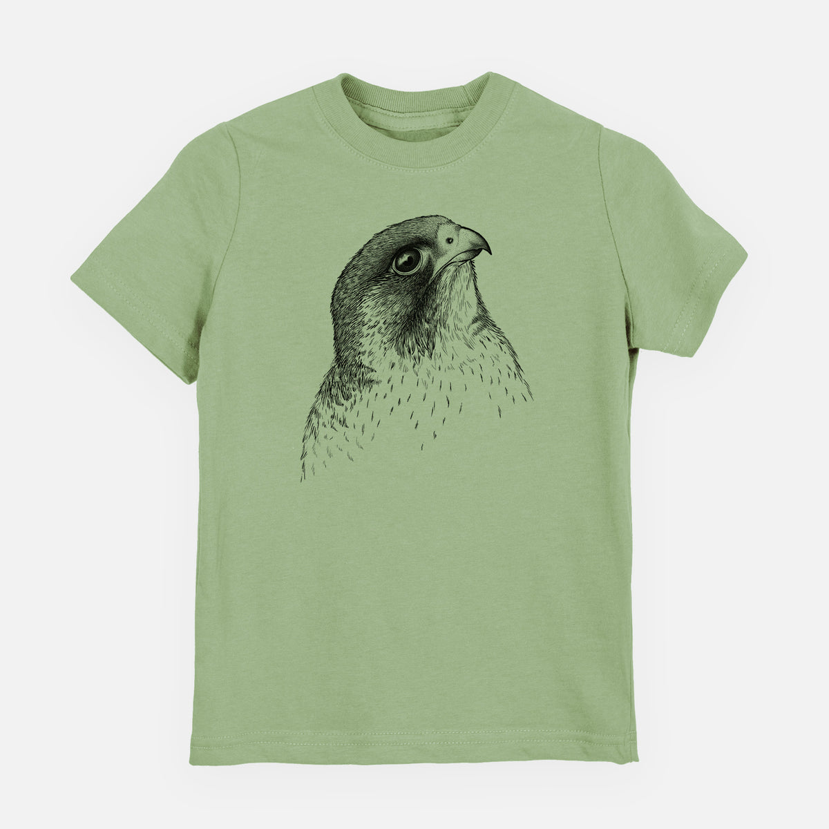 Sage green youth t-shirt laid flat, printed with a detailed black ink portrait of a peregrine falcon's head.