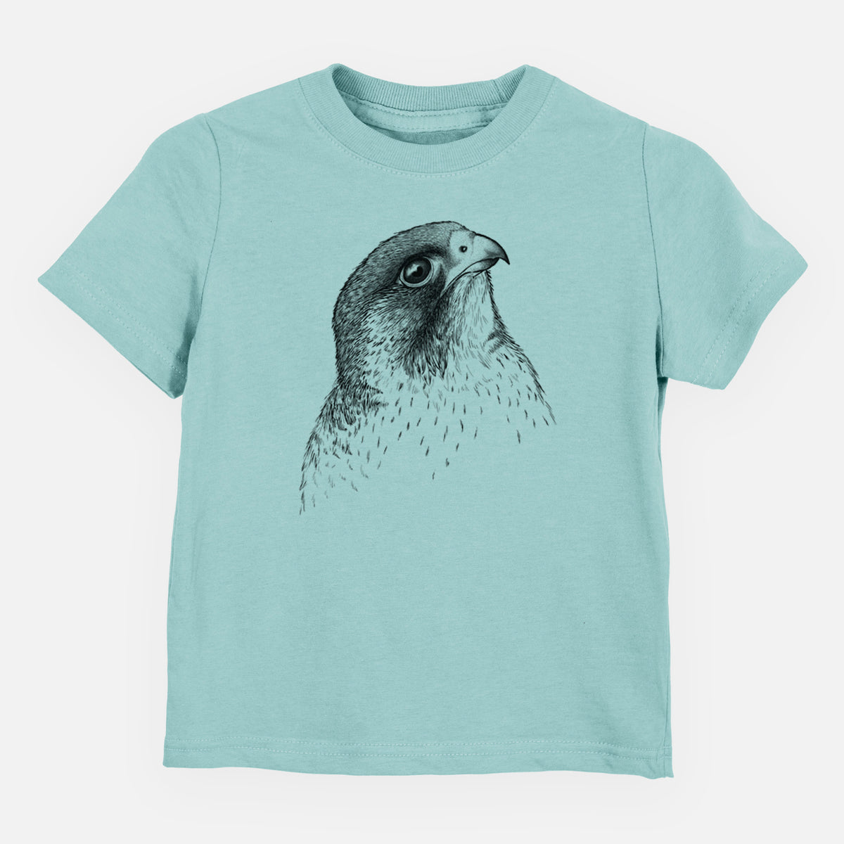 Saltwater toddler t-shirt laid flat, printed with a detailed black ink portrait of a peregrine falcon's head.