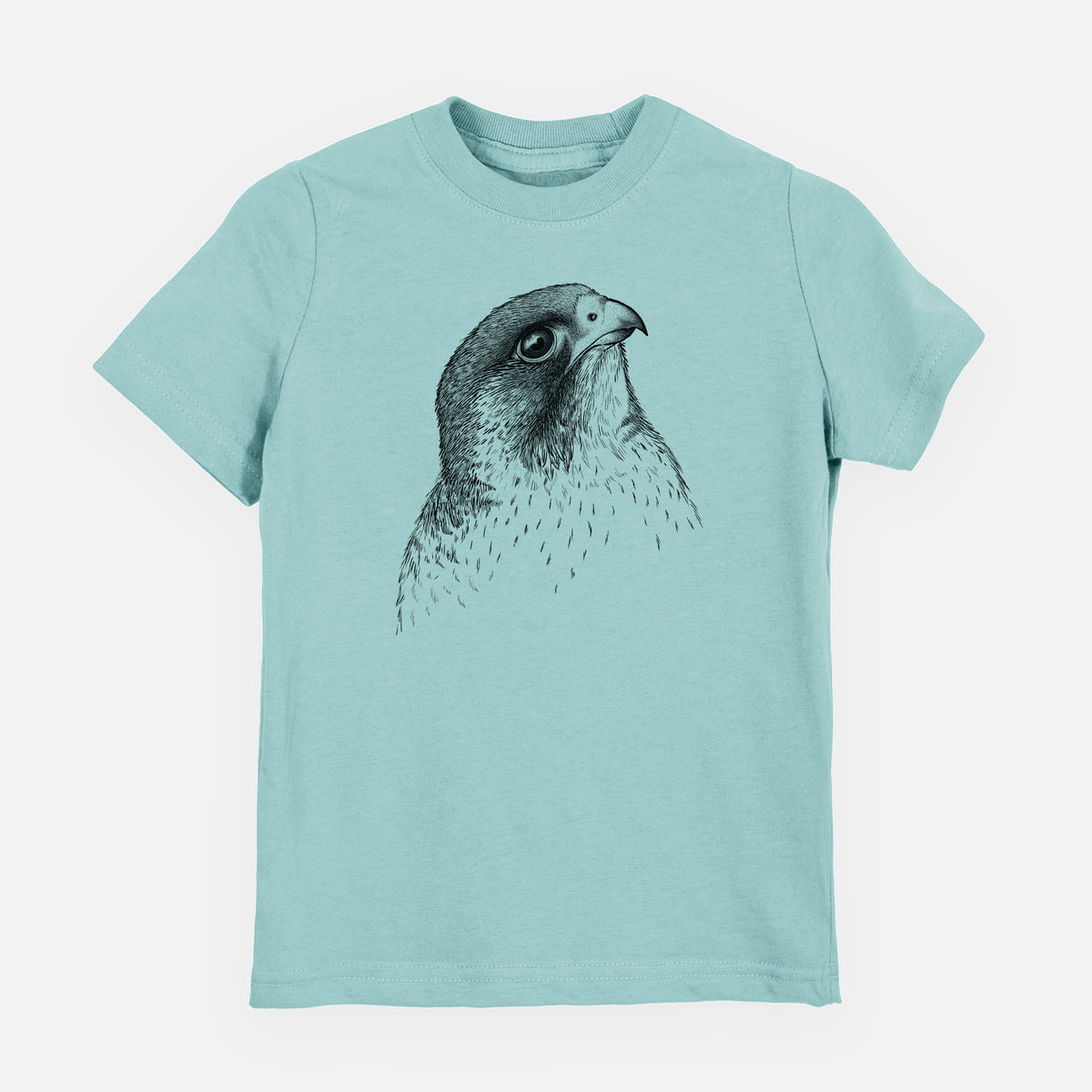 Saltwater youth t-shirt laid flat, printed with a detailed black ink portrait of a peregrine falcon's head.