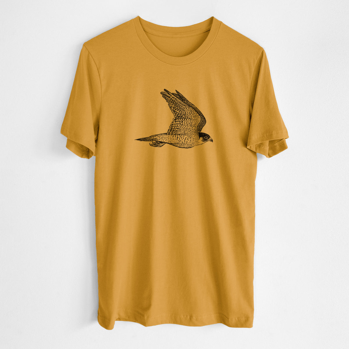 Honeycomb yellow lightweight cotton t-shirt laid flat, printed with a detailed black ink illustration of a peregrine falcon in flight.