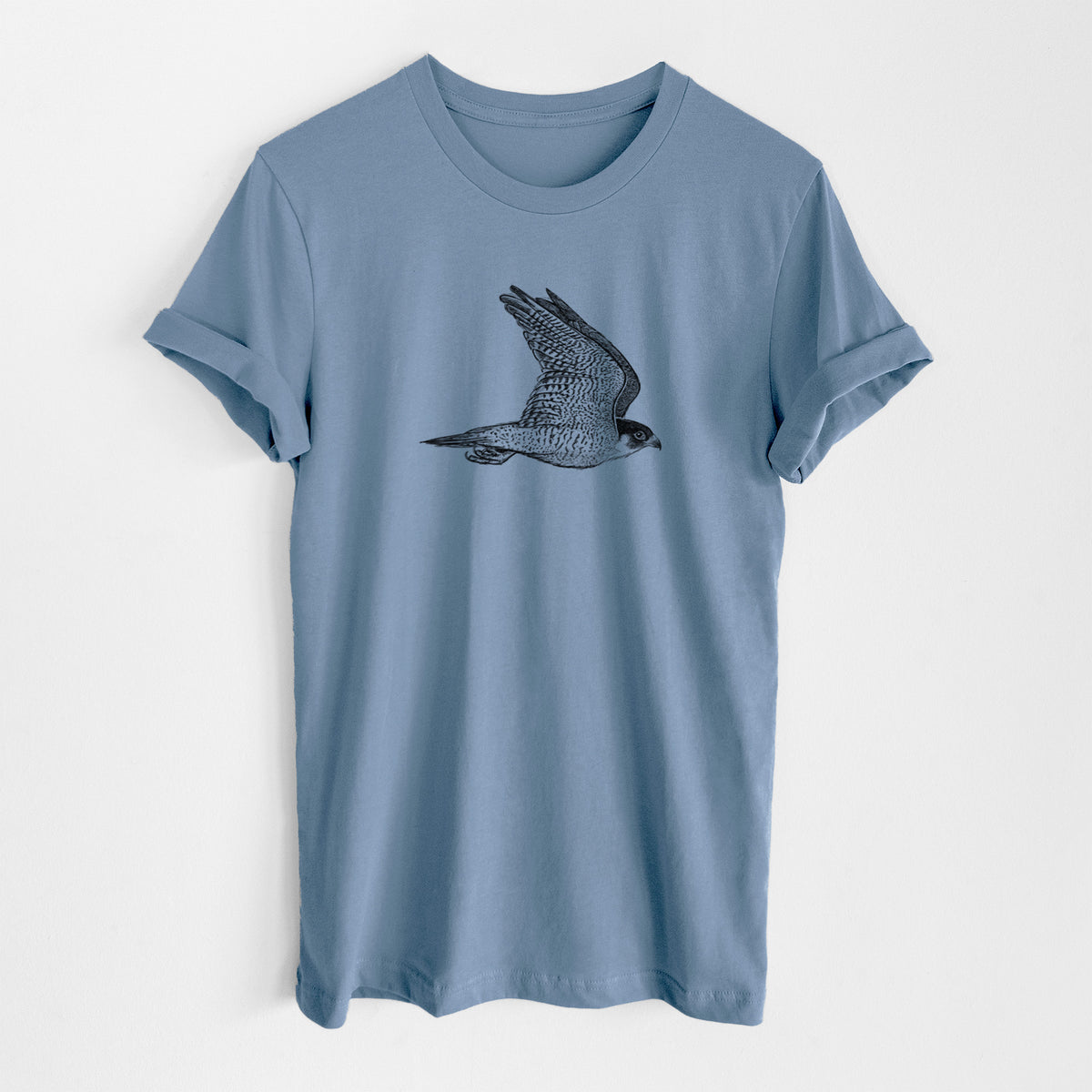 Steel blue lightweight cotton t-shirt laid flat, printed with a detailed black ink illustration of a peregrine falcon in flight.