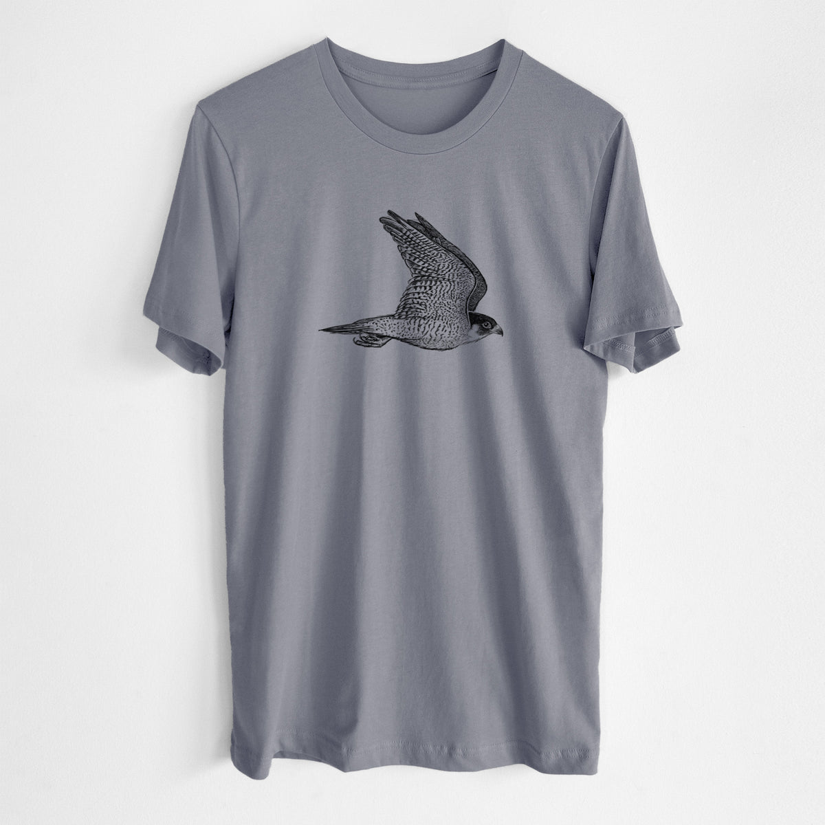 Storm grey lightweight cotton t-shirt laid flat, printed with a detailed black ink illustration of a peregrine falcon in flight.