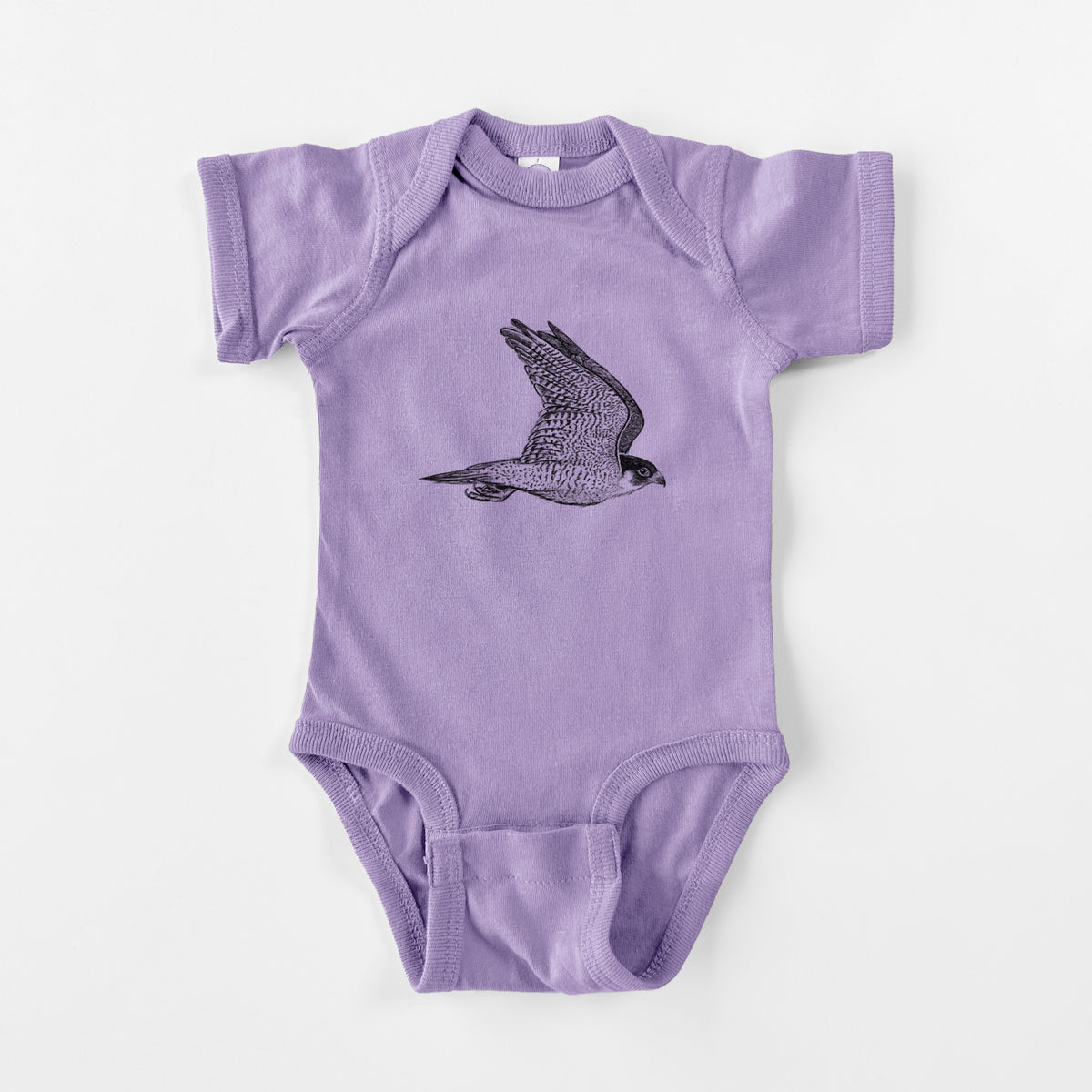 Lavender baby bodysuit laid flat, printed with a detailed black ink illustration of a peregrine falcon in flight.