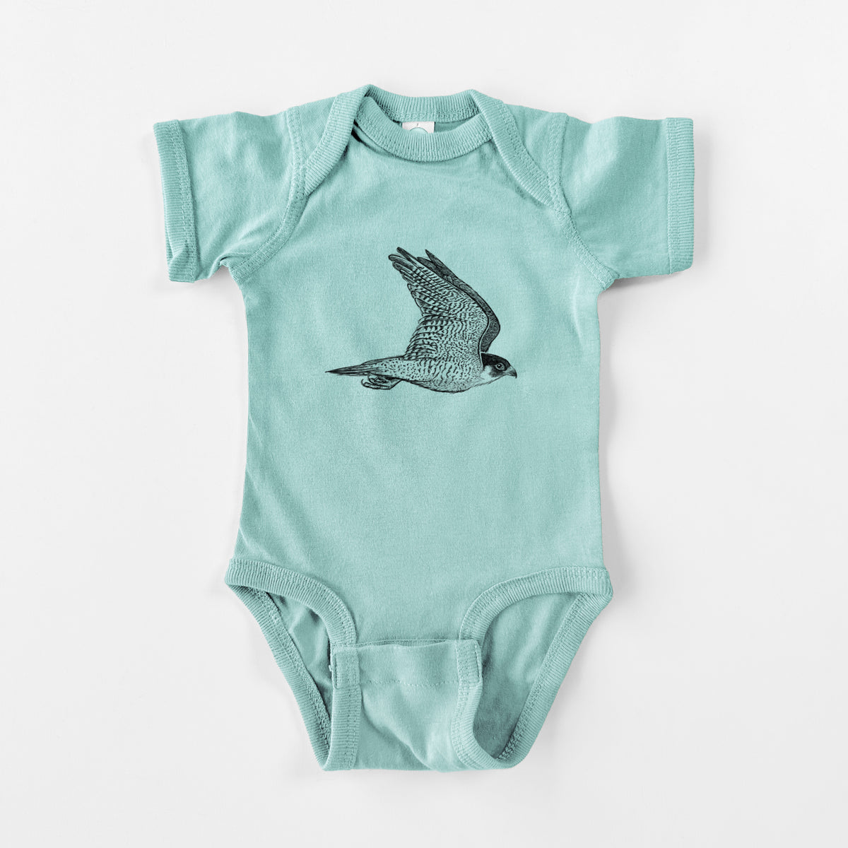 Saltwater baby bodysuit laid flat, printed with a detailed black ink illustration of a peregrine falcon in flight.