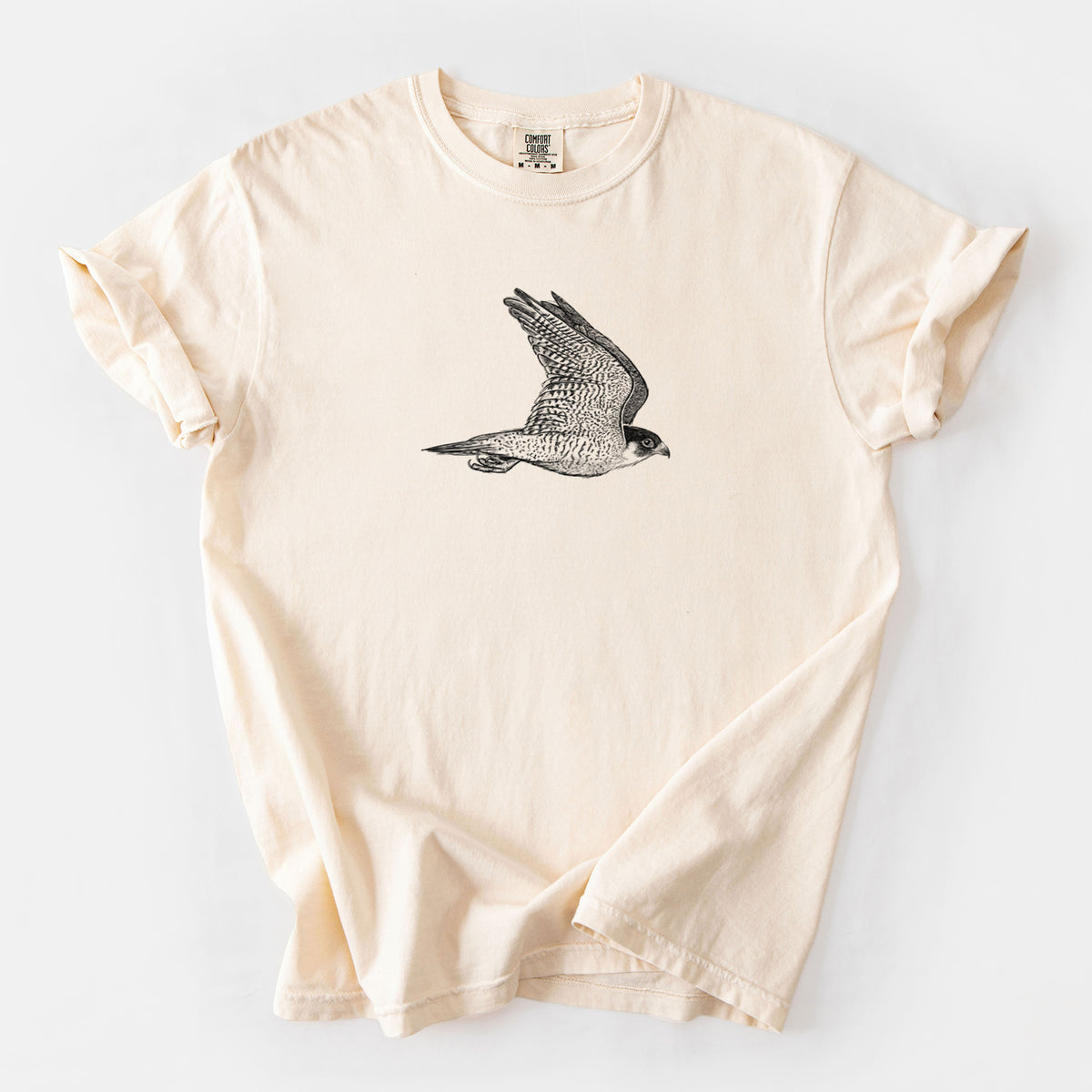 Ivory Comfort Colors t-shirt laid flat, printed with a detailed black ink illustration of a peregrine falcon in flight.