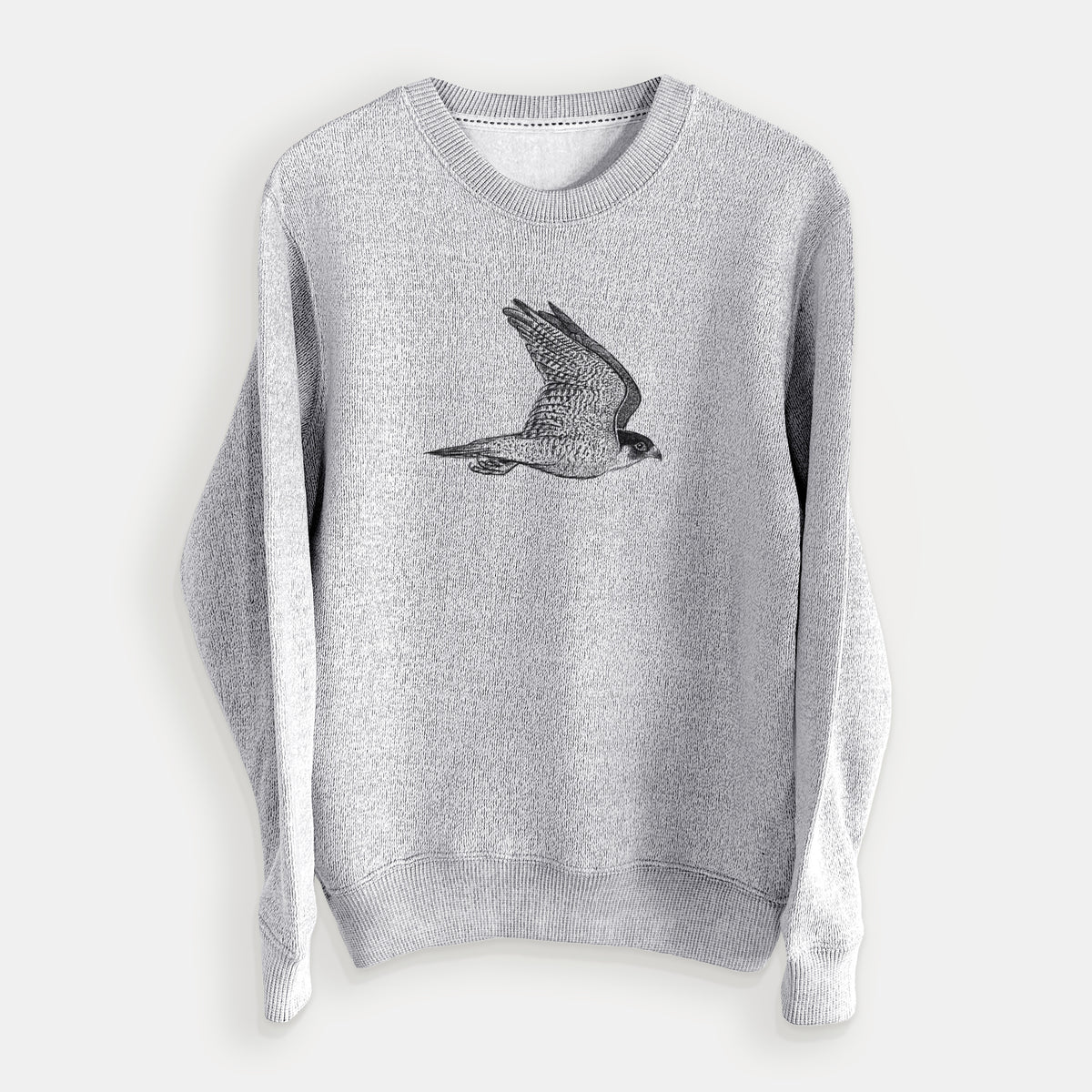 Salt and pepper knit sweatshirt laid flat, printed with a detailed black ink illustration of a peregrine falcon in flight.