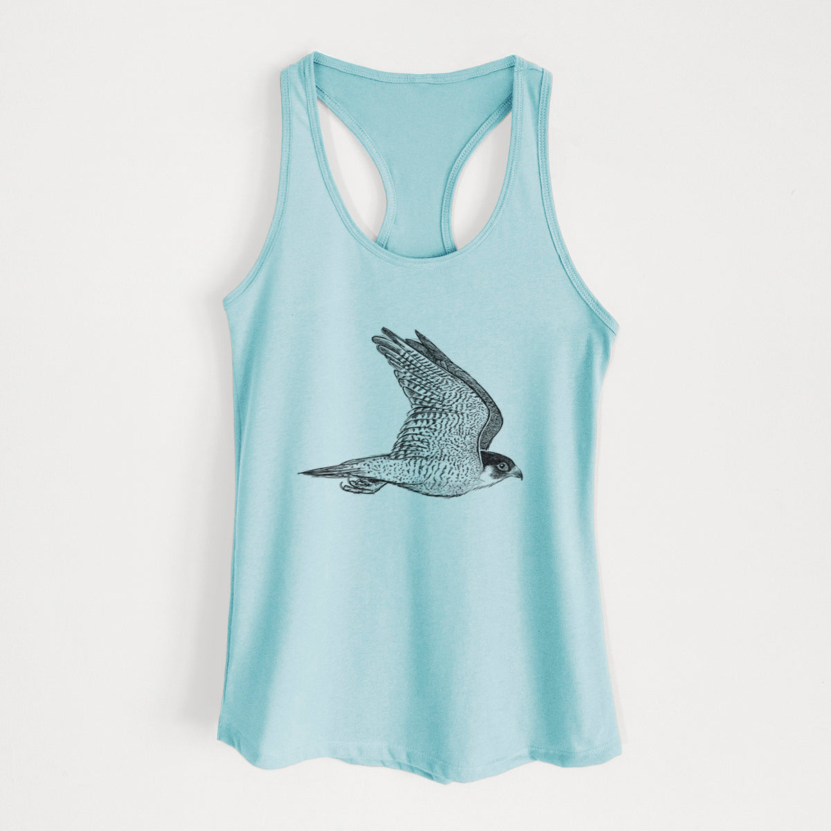 Cancun blue women's racerback tank top laid flat, printed with a detailed black ink illustration of a peregrine falcon in flight.