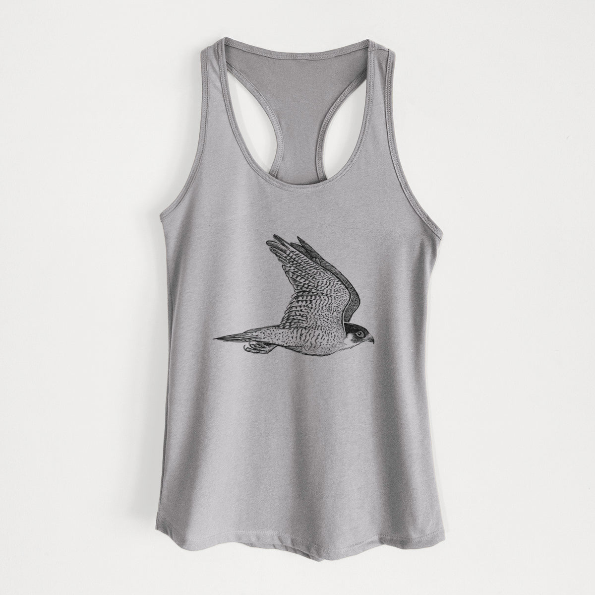 Heather grey women's racerback tank top laid flat, printed with a detailed black ink illustration of a peregrine falcon in flight.