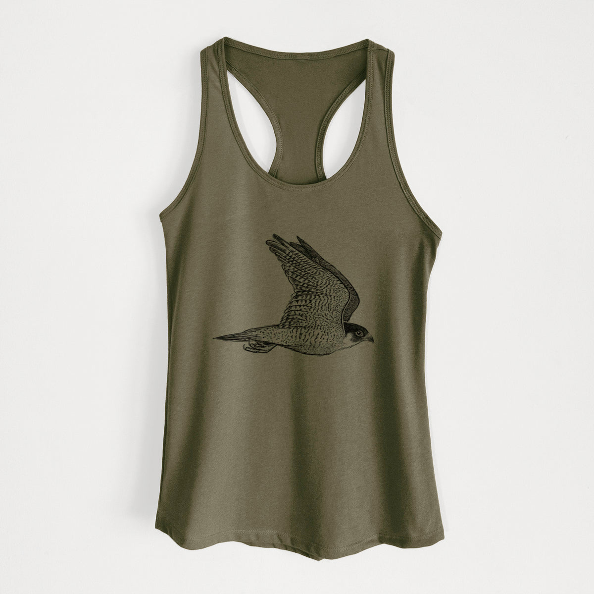 Military green women's racerback tank top laid flat, printed with a detailed black ink illustration of a peregrine falcon in flight.