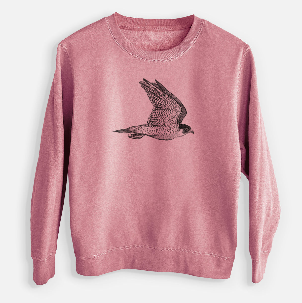 Mauve pink youth crewneck sweatshirt laid flat, printed with a detailed black ink illustration of a peregrine falcon in flight.
