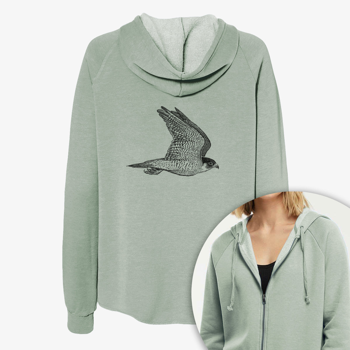 Women's Cali Wave zip-up sweatshirt printed with a detailed black ink illustration of a peregrine falcon in flight, with a close-up of the zipper.