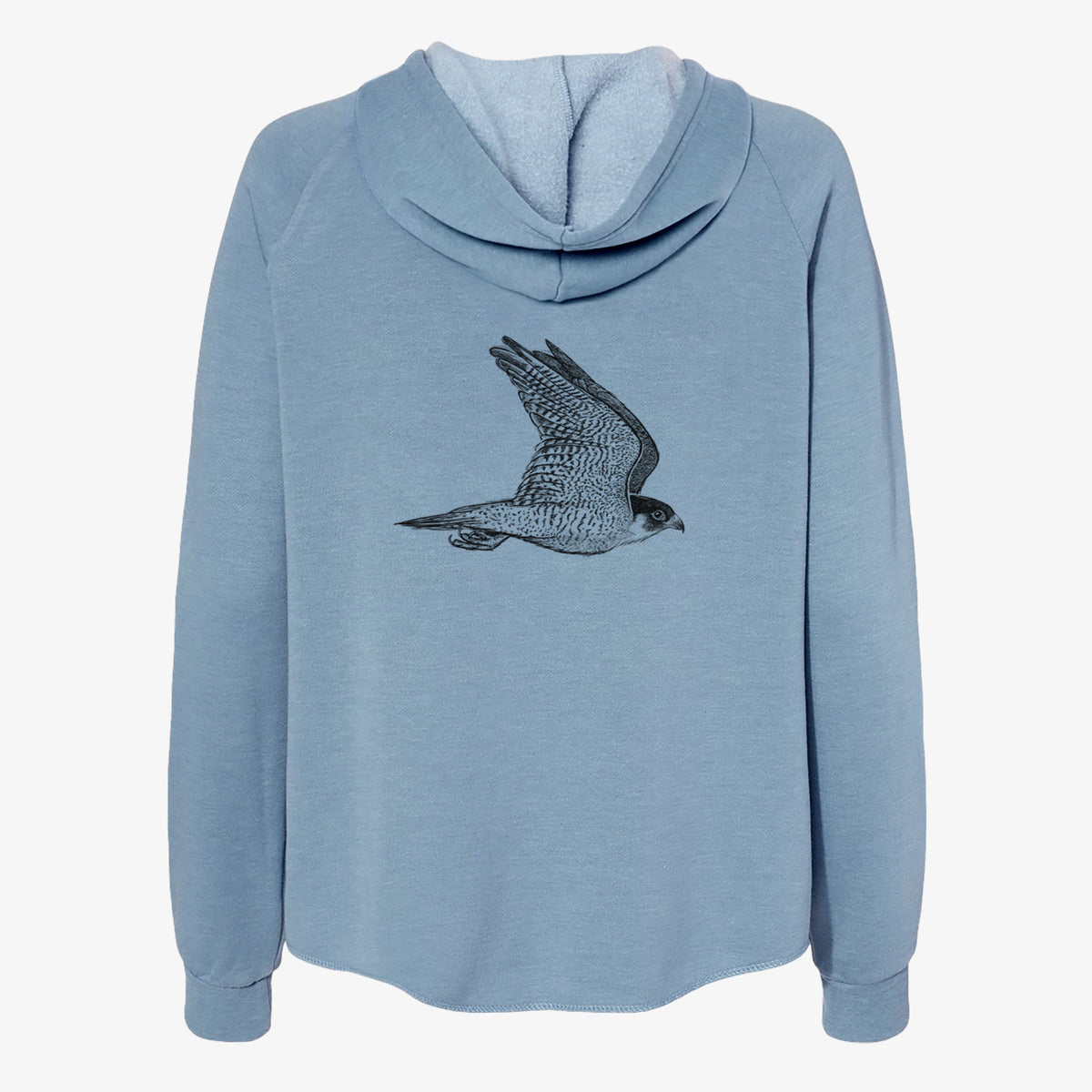 Misty blue women's Cali Wave zip-up sweatshirt laid flat, printed with a detailed black ink illustration of a peregrine falcon in flight.