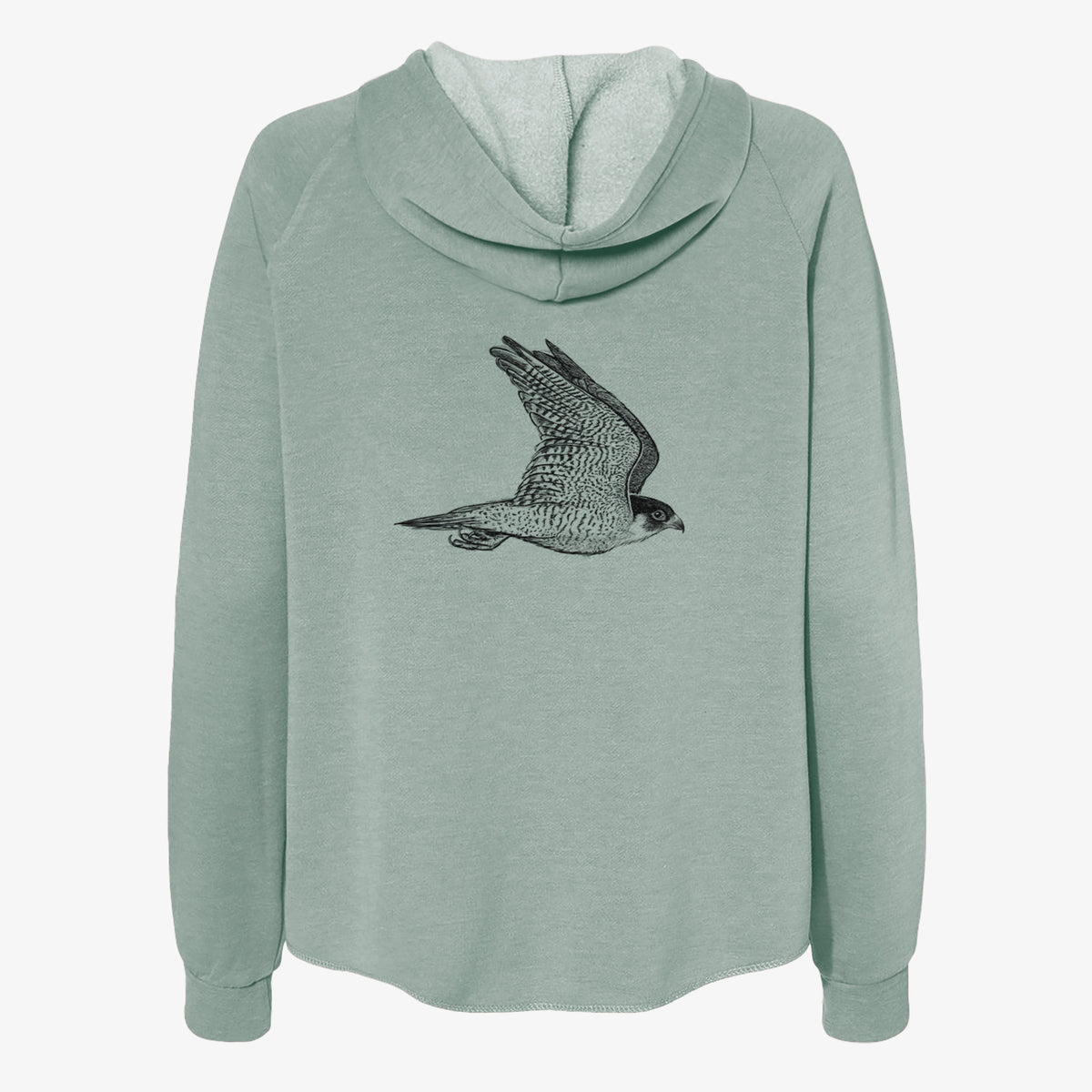 Sage green women's Cali Wave zip-up sweatshirt laid flat, printed with a detailed black ink illustration of a peregrine falcon in flight.