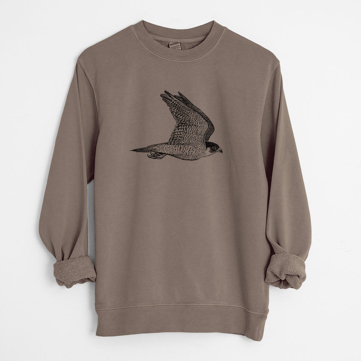 Flying Peregrine - Falco peregrinus - Unisex Pigment Dyed Crew Sweatshirt in Espresso Brown Color