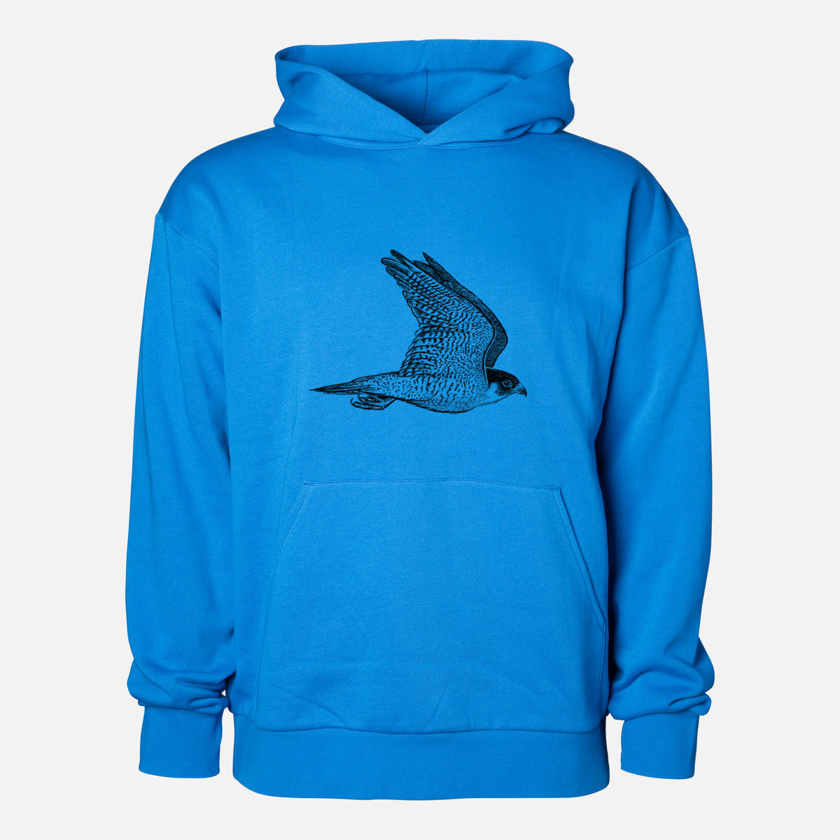 Flying Peregrine - Falco peregrinus - Statement Midweight Hoodie in Azure Blue, shown from the front with the design printed on the chest above a front kangaroo pocket.