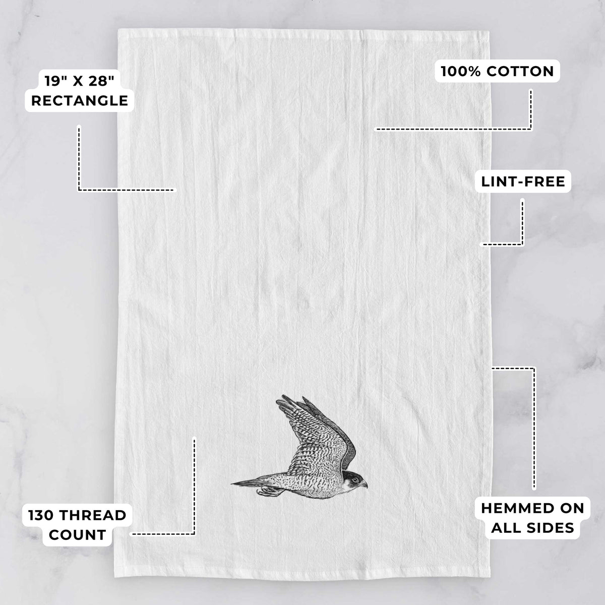 White tea towel printed with a detailed black ink illustration of a peregrine falcon in flight, with feature labels: 19 by 28 inch rectangle, 100% cotton, lint-free, 130 thread count, hemmed on all sides.