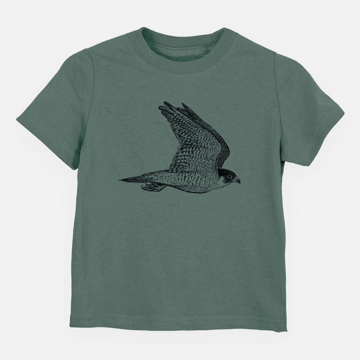 Basil green toddler t-shirt laid flat, printed with a detailed black ink illustration of a peregrine falcon in flight.