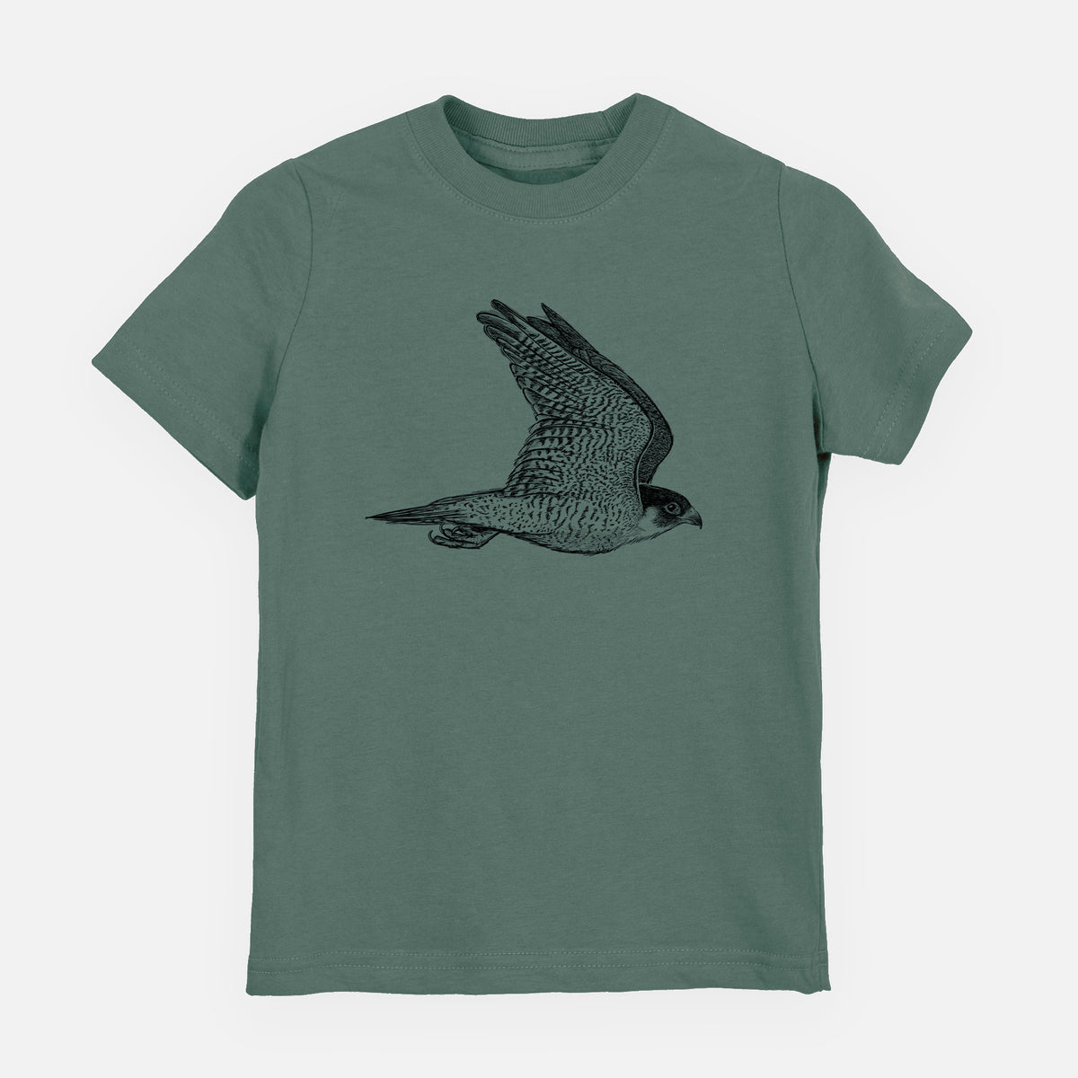 Basil green youth t-shirt laid flat, printed with a detailed black ink illustration of a peregrine falcon in flight.