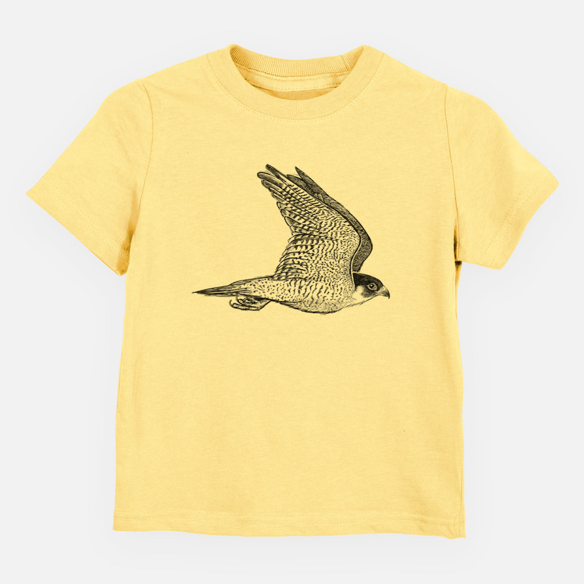 Butter yellow toddler t-shirt laid flat, printed with a detailed black ink illustration of a peregrine falcon in flight.