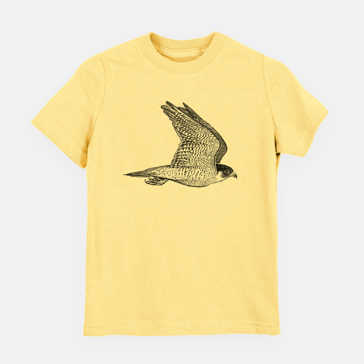Butter yellow youth t-shirt laid flat, printed with a detailed black ink illustration of a peregrine falcon in flight.