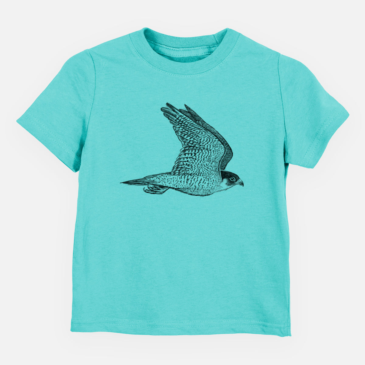 Caribbean blue toddler t-shirt laid flat, printed with a detailed black ink illustration of a peregrine falcon in flight.