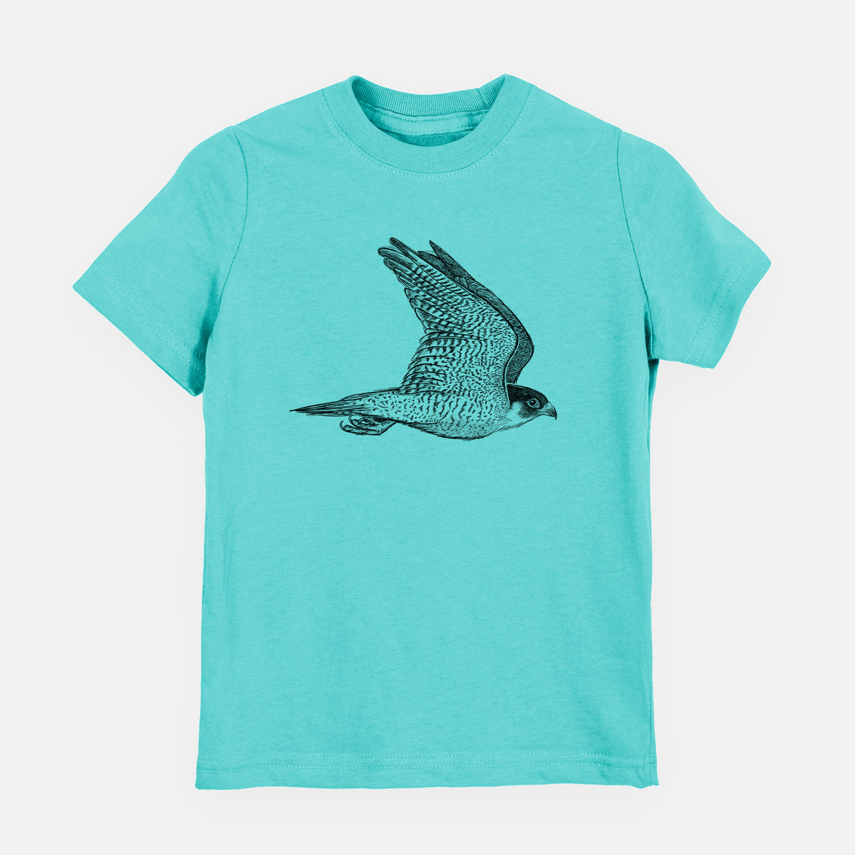 Caribbean blue youth t-shirt laid flat, printed with a detailed black ink illustration of a peregrine falcon in flight.