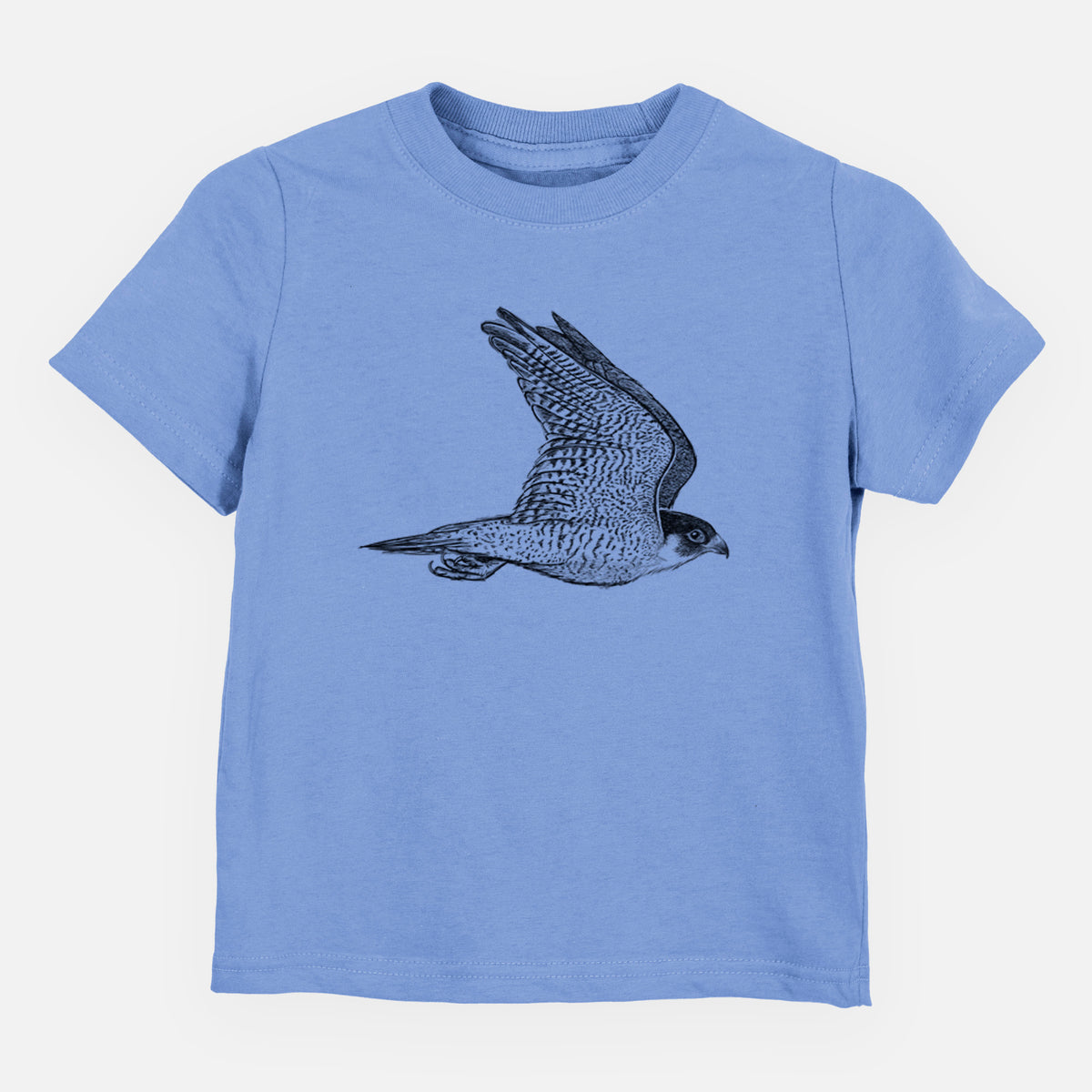 Carolina blue toddler t-shirt laid flat, printed with a detailed black ink illustration of a peregrine falcon in flight.