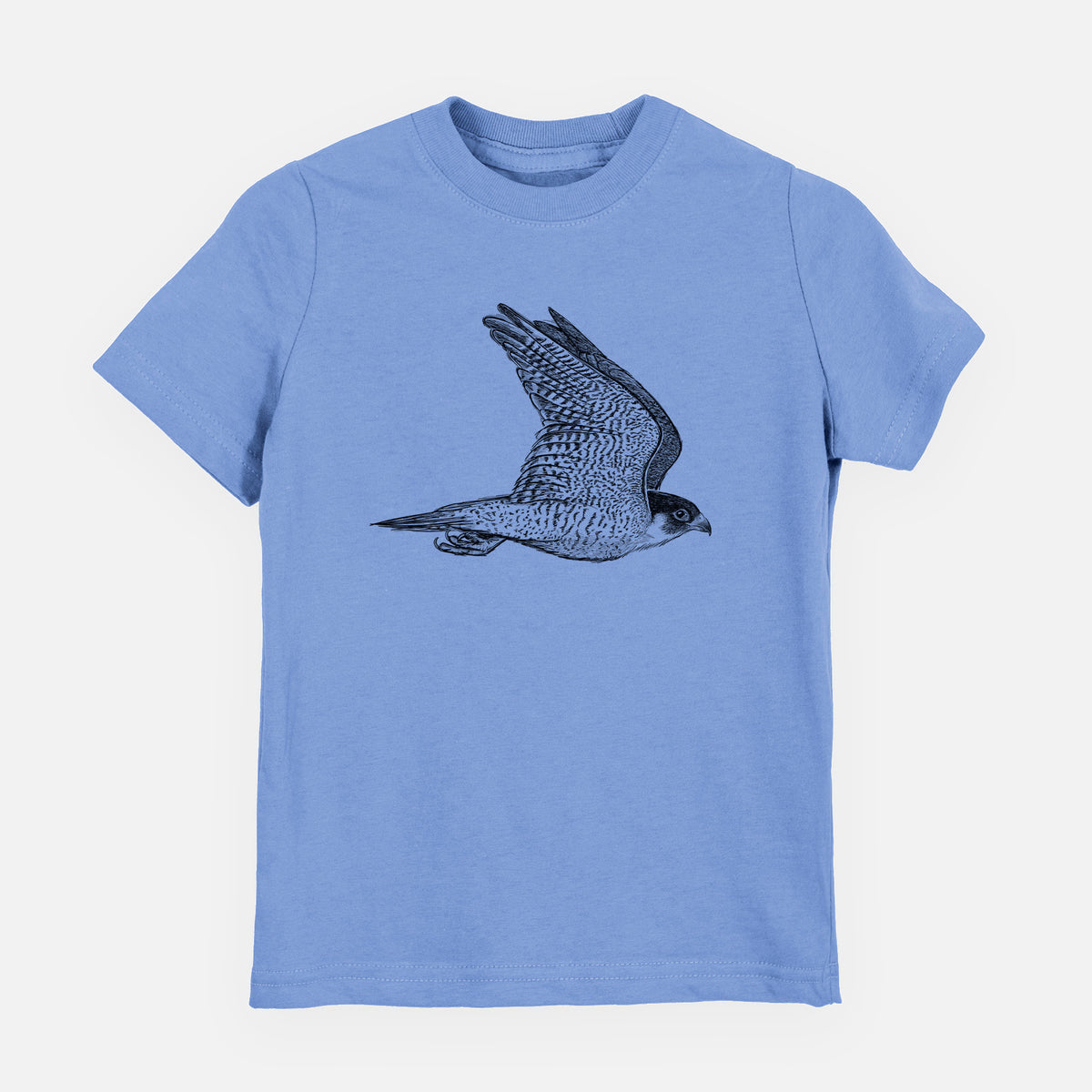 Carolina blue youth t-shirt laid flat, printed with a detailed black ink illustration of a peregrine falcon in flight.